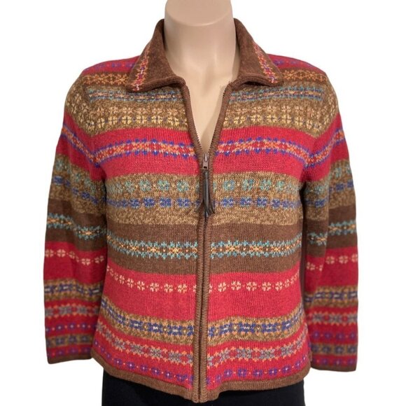 Vintage TIARA INTERNATIONAL Women's Zip Sweater Large Nordic Tribal Red Multi - Picture 2 of 14